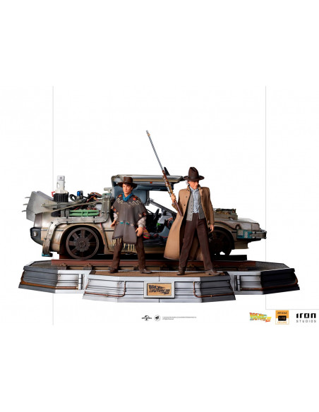 Back to the Future 3 Doc Brown Marty DeLorean Time Machine Diorama Iron Studios